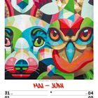 Mai - Juni, 31 MO, 01 DI, 02 MI, 03 DO, 04 FR, 05 SA, 06 SO, KW22/2027. Bunte geometrische Illustration aus Tiergesichtern.