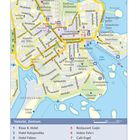 Übersichtskaart van Helsinki. Enthält eine Liste von Hotels und Restaurants. Eine detaillierte Straßenkarte zeigt Stadtteile und Sehenswürdigkeiten.