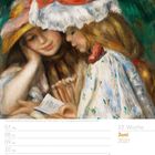 Juni 2027, Woche 23. Zwei Mädchen mit Hüten, vertieft ins Lesen. Sonntag, der 13., hervorgehoben. Kalenderlayout.