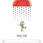 "Juni / Juli" und Wochentage unten. Illustration: Eine halbe Wassermelone als Regenschirm, Kerne regnen auf ein fröhliches Kind.