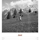 Juni. Spaziergang über eine Frühlingswiese bei Lermoos, Österreich, 1939. Im Hintergrund schneebedeckte Berge.