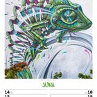 Text: Juni 14 MO, 15 DI, 16 MI, 17 DO, 18 FR, 19 SA, 20 SO, KW24/2027. Ein Graffiti von einem grünen Chamäleon mit lebhaften Farben.