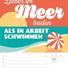 "Lieber im Meer baden als in Arbeit schwimmen". Oben bunte Strandillustration mit Sonnenschirm, unten Kalender für Juni 2027.
