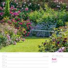 25. Woche, Juni 2027, Kalenderansicht mit einem Rosengarten und einer eisernen Gartenbank. Rechts Kalender-Daten.