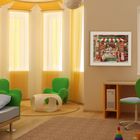 Illustration: "Gelateria". Helles Kinderzimmer mit grünen Sesseln, Tisch, Bett, Schreibtisch und gelben Vorhängen.