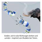 Text: "Greifen, sich in alle Richtungen drehen und winden - inspiriert von Muskeln bei Tieren." Ein Roboterarm vor einem Elefanten.