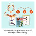 Das Experimentierheft mit tollen Tricks und Schritt-für-Schritt-Anleitung. Drei Seiten und ein Buch mit Glühbirne abgebildet.