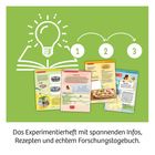 „Das Experimentierheft mit spannenden Infos, Rezepten und echtem Forschungstagebuch.“ Illustration mit Glühbirne und Heft.