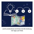 Leicht verständliche Schritt-für-Schritt-Anleitung mit Tipps und Tricks. Illustration mit Glühbirne und Zahlen 1-3.