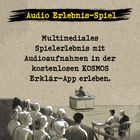 "Audio Erlebnis-Spiel. Multimediales Spielerlebnis mit Audioaufnahmen in der kostenlosen KOSMOS Erklär-App erleben." Eine Illustration zeigt einen Gerichtssaal mit Publikum und Richter.