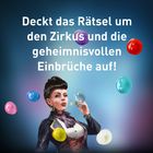 „Deckt das Rätsel um den Zirkus und die geheimnisvollen Einbrüche auf!“ Illustration einer Frau mit Seifenblasen.