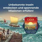Text: „Unbekannte Inseln entdecken und spannende Missionen erfüllen! Für diese Erweiterung benötigt ihr zusätzlich CATAN – Das Spiel!” 
Illustration: Wikingerboote auf See mit Inseln im Hintergrund. Spielschachtel unten rechts.