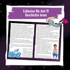 Exklusive Die drei !!! Geschichte lesen. Textausschnitt eines Buches mit einer Taucherin und einem Delfin als Illustrationen.