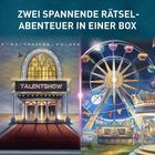 Text: "Zwei spannende Rätsel-Abenteuer in einer Box" und "Talentshow". Links ein Theater, rechts ein Riesenrad.