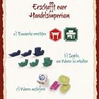 "Erschafft euer Handelsimperium." Schritte: a) Bauwerke errichten, b) Segeln, c) Waren ausliefern. Symbole und Spielfiguren.