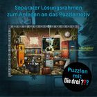 „Separater Lösungsrahmen zum Anlegen an das Puzzlemotiv“, „Lösungsteil“, „Puzzlen mit Die drei ???“. Illustratives Motiv eines Raums.