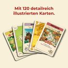 "Mit 120 detailliert illustrierten Karten." zeigt Karten wie "Siedlung", "Ritter" und "Metropole" mit bunten Illustrationen.