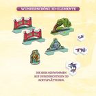 "Wunderschöne 3D-Elemente. Die Kois schwimmen auf durchsichtigen 3D-Acrylplättchen." Illustration mit Brücken und Buddha.