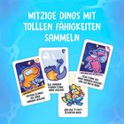 "Witzige Dinos mit tollen Fähigkeiten sammeln." Karten mit Dinos in bunten Farben zeigen Texte mit Spielaktionen.