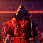 Eine düstere Illustration mit einer Figur in traditioneller Kleidung, umgeben von Kerzen, vor einem dekorativen Gebäude.