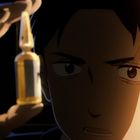 Eine Person betrachtet konzentriert eine kleine Ampulle mit einer gelben Flüssigkeit in gedämpftem Licht. Illustration.