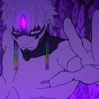 Ich kann den Text nicht lesen. 

Es zeigt eine stilisierte Figur mit einem leuchtenden dritten Auge in violetten Tönen. Links Hand ausgestreckt.