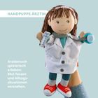 Text: "HANDPUPPE ÄRZTIN. Arztbesuch spielerisch erleben: Mut fassen und Alltagssituationen verstehen." Stoffpuppe als Ärztin.
