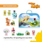BESTEHEND AUS: • Spielkoffer, 10 Spielfiguren aus Holz.  
Illustration von Biene Maja, Figuren und Koffer.