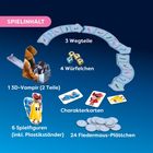 Text: "SPIELINHALT", "3 Wegteile", "4 Würfelchen", "1 3D-Vampir (2 Teile)", "Charakterkarten", "6 Spielfiguren (inkl. Plastikständer)", "24 Fledermaus-Plättchen". Eine farbenfrohe Ansicht der Spielkomponenten.