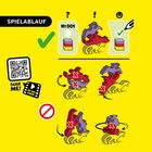 „SPIELABLAUF“, QR-Code „SCAN ME!“, farbige Formen, Check- und Verbotssymbole auf gelbem Hintergrund.