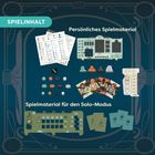 "SPIELINHALT" oben links, "Persönliches Spielmaterial" und "Spielmaterial für den Solo-Modus". Verschiedene Spielkomponenten.