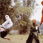 Kampfkunstszene im Freien: Ein Mann in Weiß wird in die Luft geschleudert, während ein älterer Mann ein rotes Tuch schwingt.