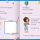 Zwei Seiten zum Ausfüllen, links über dich: Name, Geburtstag, Haarfarbe. Rechts: Lieblingsbuch, Klasse, Mut. Bunt illustriert.