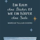 Kalender für April, Zitat von Marcus Tullius Cicero über Bücher, Illustration einer Buchhandlung mit Schaufenstern.