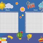 Text: "Have FUN", "Meins", "Deins". Zwei Tabellen, umgeben von bunten Illustrationen: Sonne, Wolke, Kaktus, Eis und mehr.