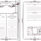 Zwei Buchseiten: Links mit Feldern für Autor:in, Titel, Format, Bewertung. Rechts Linien für Zitate, Lieblingsszenen, mit Illustrationen.