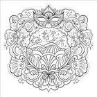 Dekorative Mandala-Illustration mit Maskenmotiv, Sternen, Wolken und detaillierten Mustern, schwarz-weiße Linienkunst.