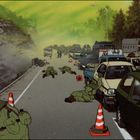 Illustration einer Straße mit Stau. Soldaten in Schutzanzügen und Gasmasken liegen auf dem Boden. Verkehrsleitkegel stehen rum.