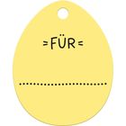 Text "FÜR", darunter gepunktete Linie. Gelbe, eiförmige Karte mit Loch oben.