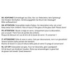 Warnhinweise: Schneekugel aus Glas, nur Dekoration. Nicht für Kinder. Verletzungsgefahr bei Bruch. In mehreren Sprachen.