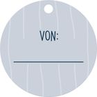 Kreisförmige Etikette mit "VON:" und einer Linie darunter. Oben befindet sich ein Loch. Grau mit vertikalen Streifen.