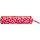 Keine sichtbaren Texte. Rosa Federmäppchen mit pinken Herzmustern und goldenem Reißverschluss.