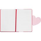 Ein aufgeschlagenes Notizbuch mit roten Rändern und liniertem Papier. Ein rosa Herz-Lesezeichen ragt heraus.