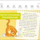 „Herrlich erfrischende Zitronenlimonade“. Rezept für Zitronenlimonade, verziert mit einer Illustration einer Katze.