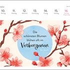 Kalender 10. bis 16. Mai, Sonntag rot markiert. Illustration: Kirschblüten und Zitat über verborgene Schönheit.