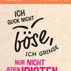 "Ich guck nicht böse, ich grinse. Nur nicht jeden Idioten an." Februar-Kalenderblatt, orange, mit Wochenübersicht.