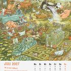 Juli 2027. Fragen: Wo ist der Fußball? Wer braucht einen Regenschirm? Wer hat sich verirrt? Illustration eines belebten Gartens.