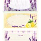 "Für Dich" steht auf einem Etikett mit Lavendel. Andere Etiketten zeigen Lavendel, Zitronen und einen Schmetterling in Aquarellstil.