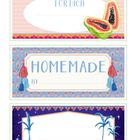 "Drei bunte Etiketten: 'FÜR DICH' mit Papaya, 'HOMEMADE BY' mit Quasten, Palmenillustration."