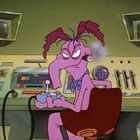 Illustration: Eine pinke, cartoonhafte Figur sitzt vor einem Kontrollpult mit Bildschirmen und Hebeln.